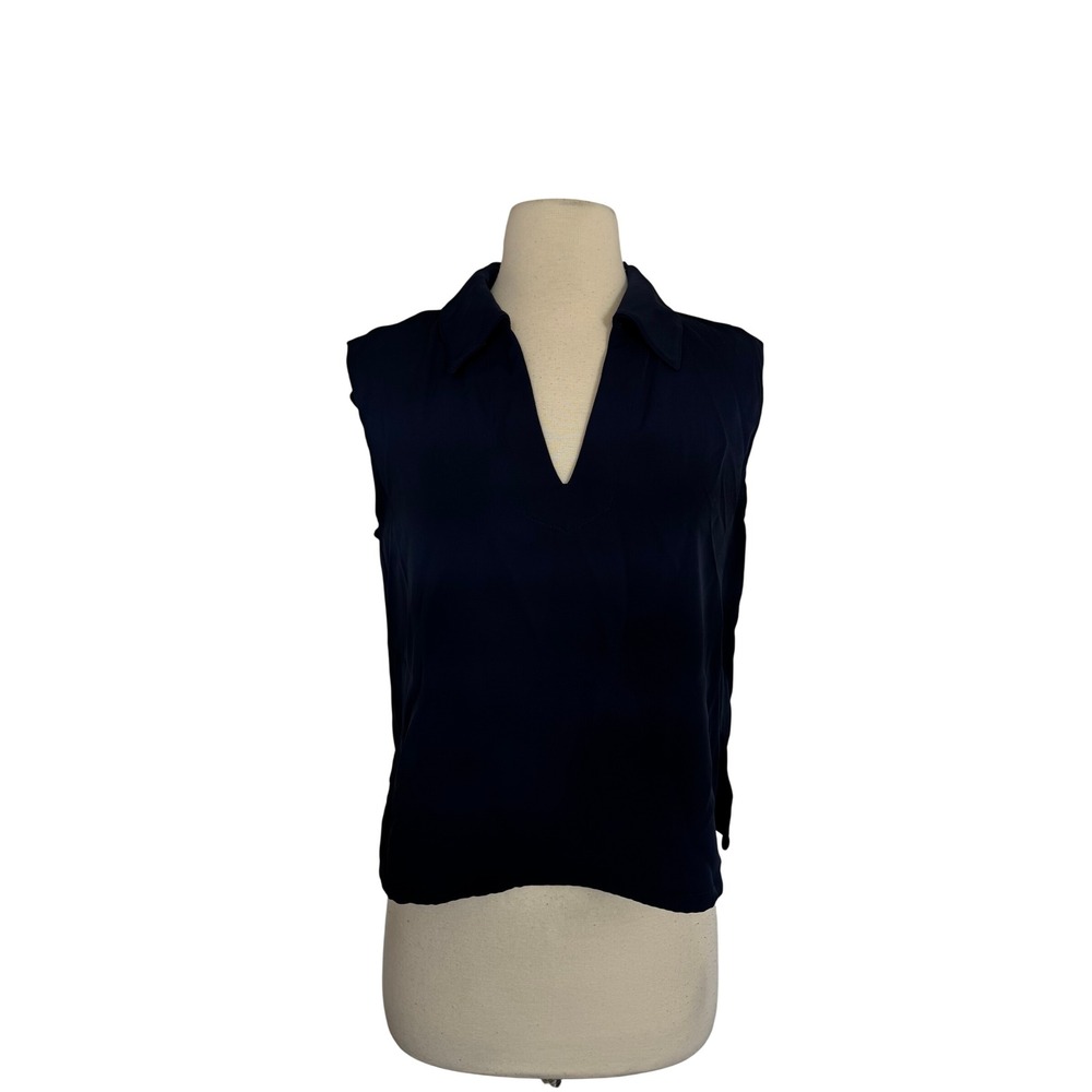 Melloday Navy Blue Sleeveless V-Neck Collared Blouse Top Size XS